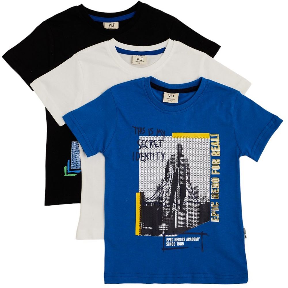 Victor and Jane - Junior Boys T-shirt - Pack of 3 - Bright Blue, Ivory, Light Blue