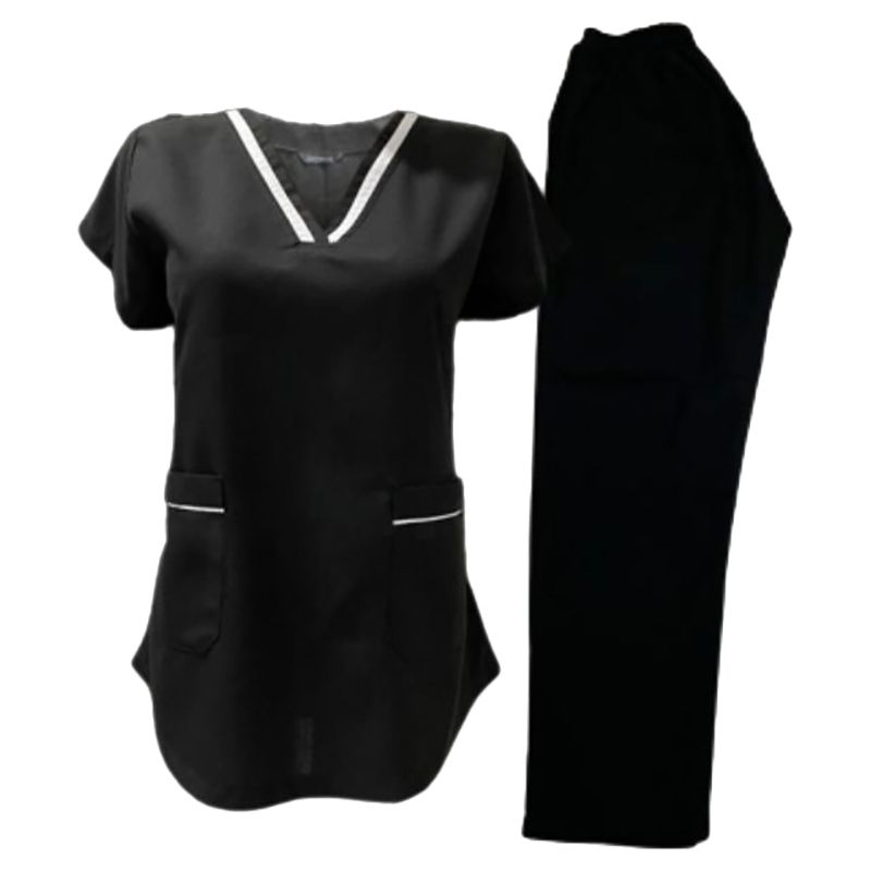 Veronica - 2pc-Set - V-Neck Scrub Uniform w/ 2 Pockets - Black