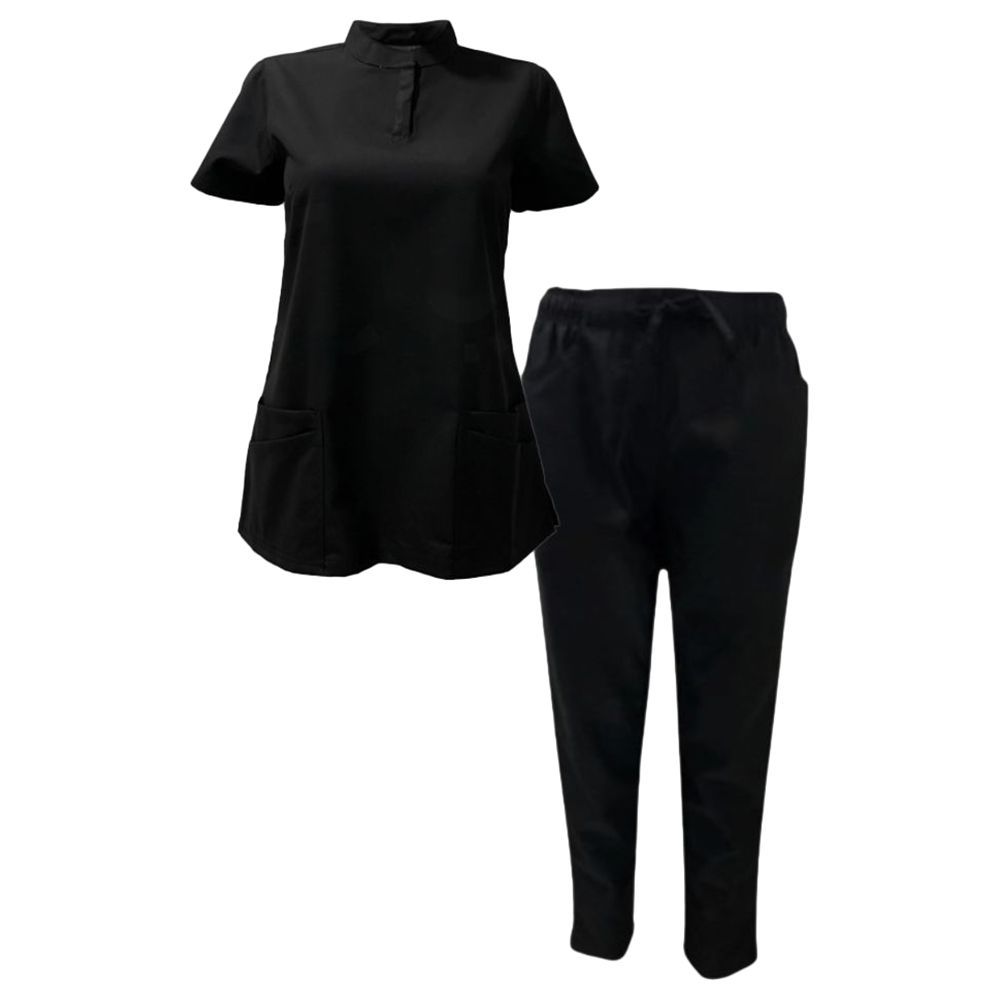 Veronica - 2pc-Set - Women Poly Viscose Chinese Collar Scrub Set - Black