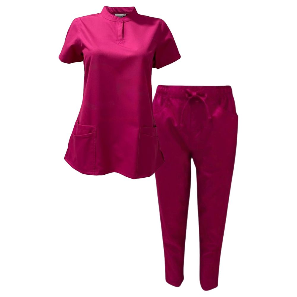 Veronica - 2pc-Set - Women Poly Viscose Chinese Collar Scrub Set - Fuschia