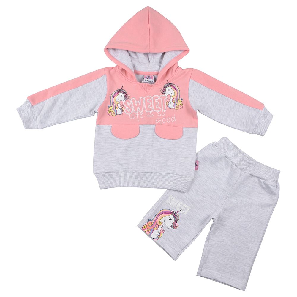 Smart Baby - 2pc-Set - Baby Girl Hooded Sweatshirt And Joggers - Grey