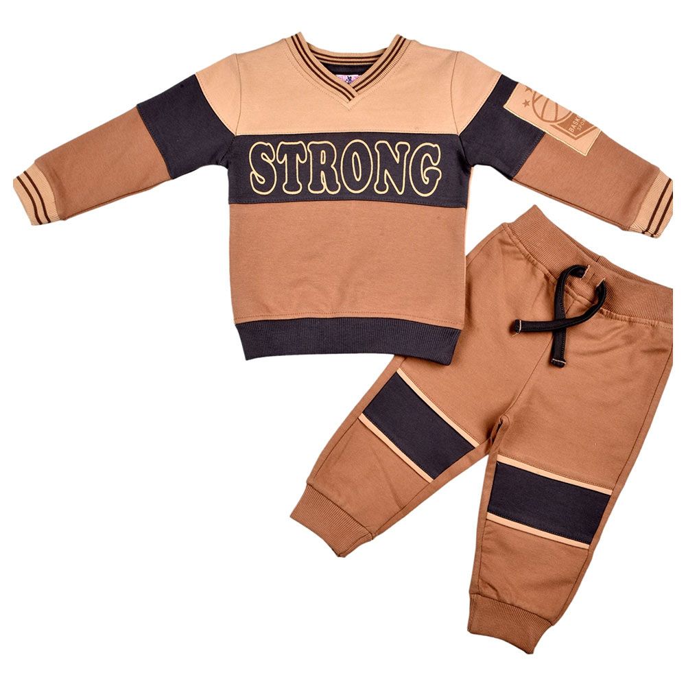 Smart Baby - 2pc-Set - Baby Boy V Neck Sweatshirt And Joggers - Brown