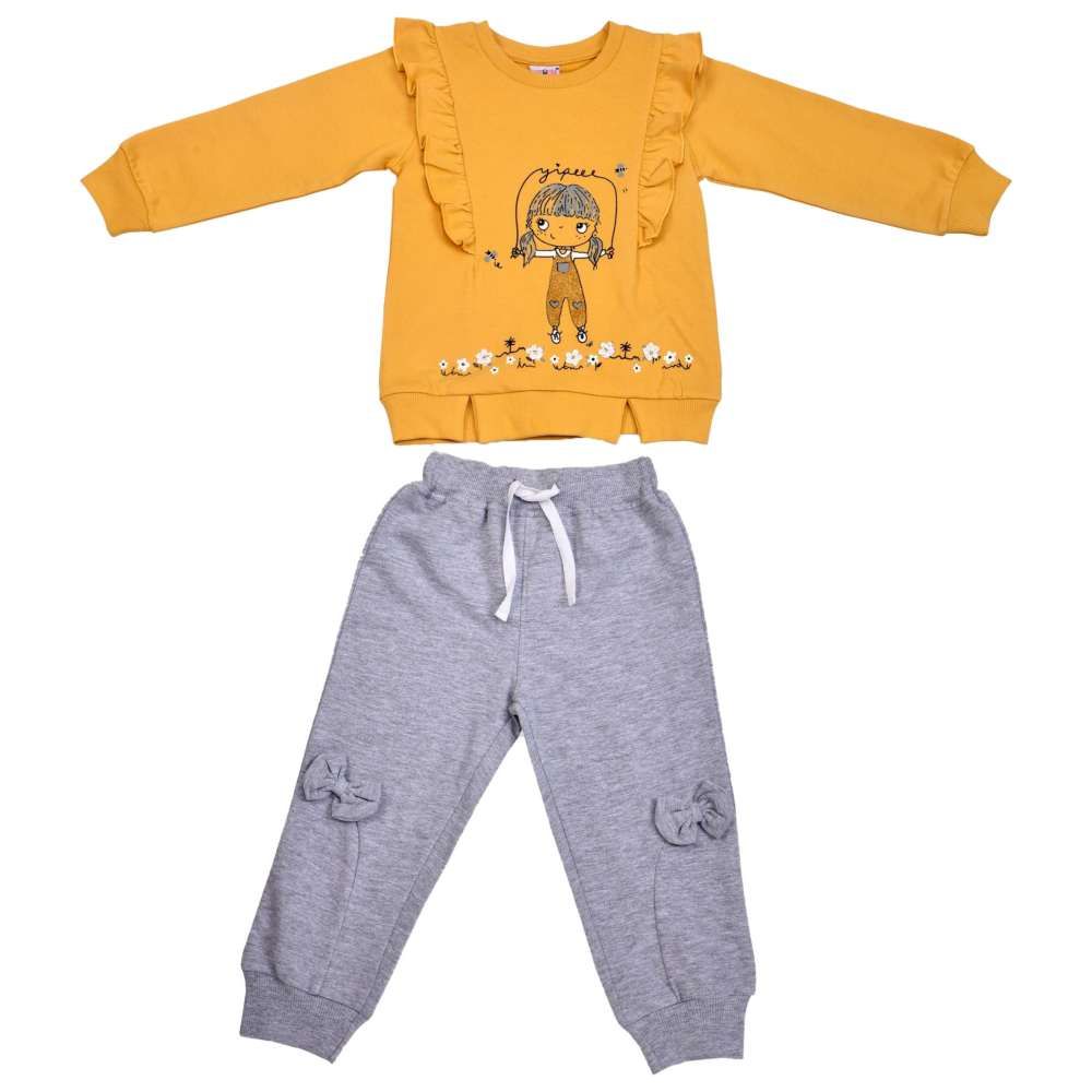 Smart Baby - 2pc-Set - Baby Girl Round Neck Sweatshirt w/ Jogger - Mustard/Grey