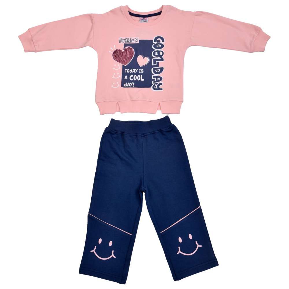 Smart Baby - 2pc-Set - Baby Girl Round Neck Sweatshirt w/ Pant - Peach/Navy