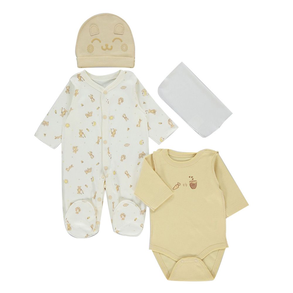 Bebetto - 4pc-Set - Baby Girls Sleep/Body Suit Layette Set - Beige/White