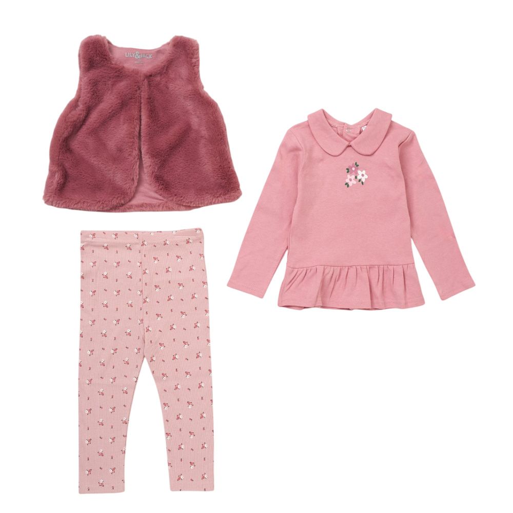 Lily & Jack - 3pc-Set - Girl's Top w/ Pants & Waist Coat - Brown/Pink