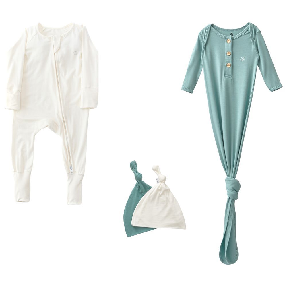 Anvi Baby - Zipper Romper & Knotted Gown - Soft Sage/White