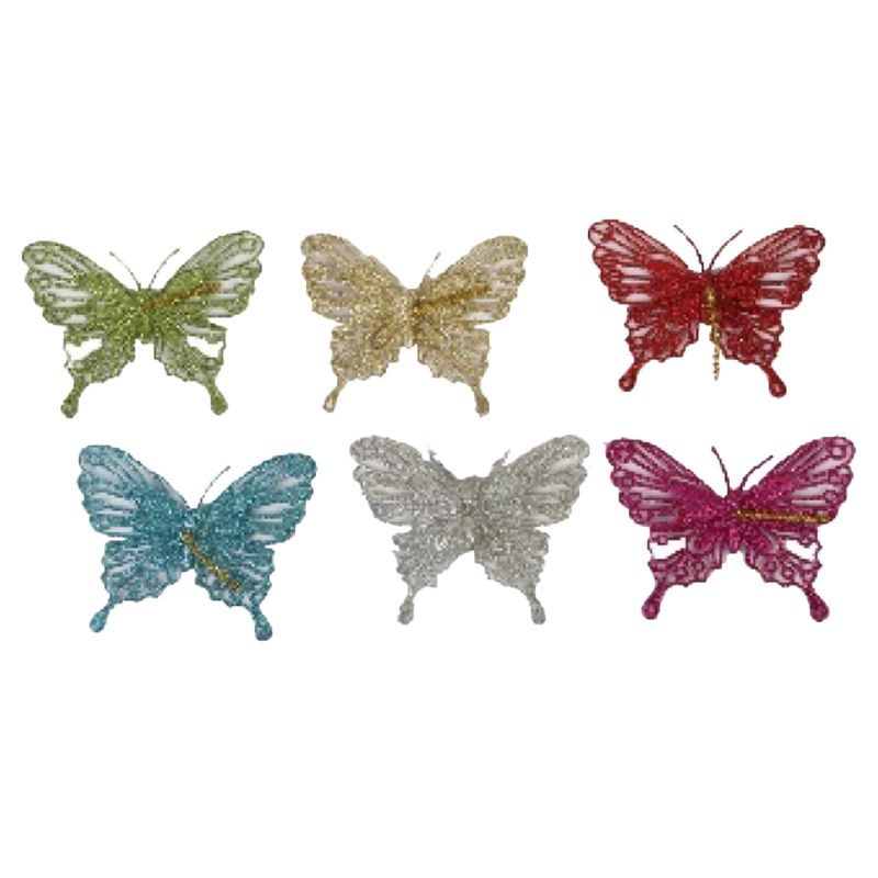 Merry Christmas - Glitter Butterfly Hanging Ornament - Pack of 6