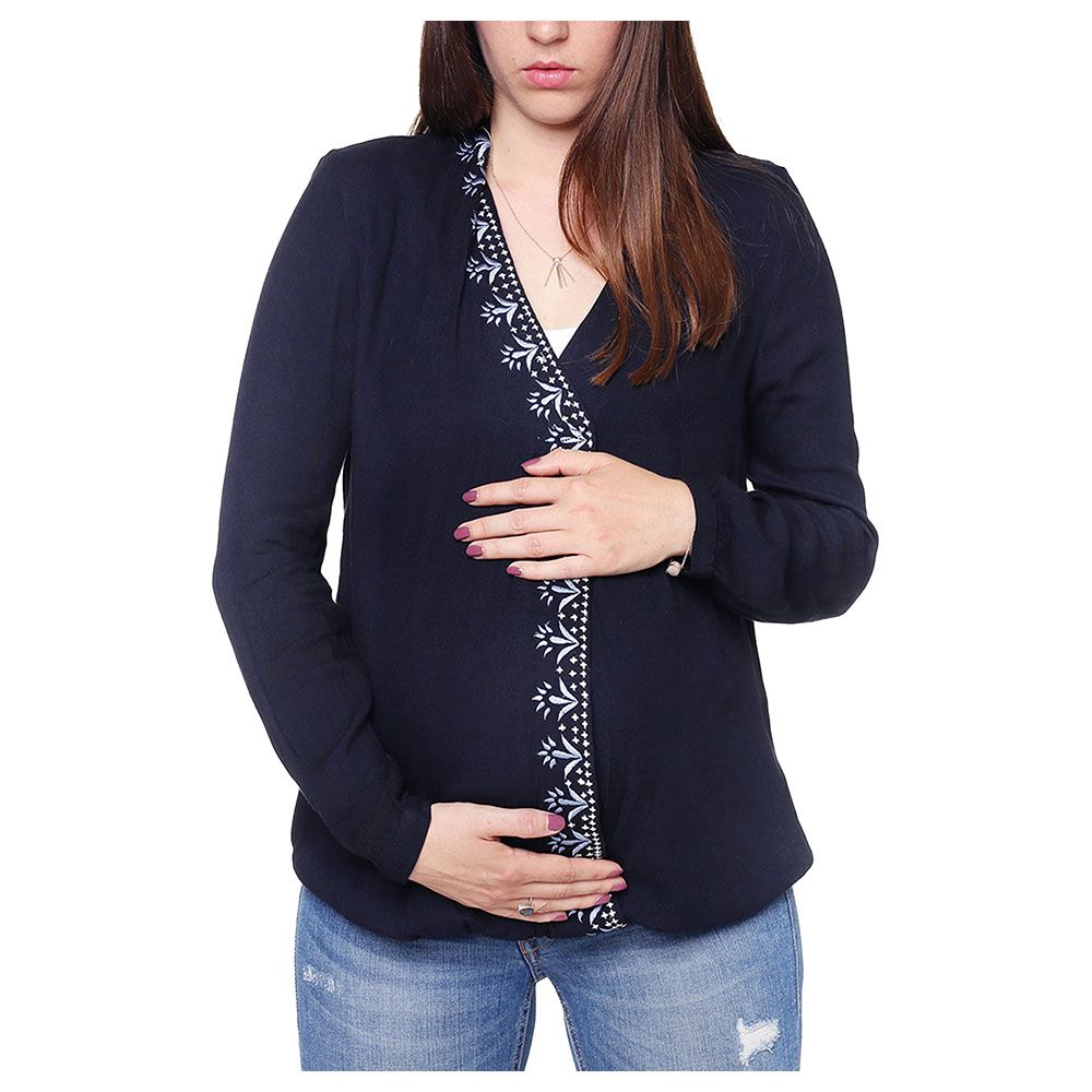 Mums & Bumps Mara Mea Maternity Embroidered Blouse Dark Blue