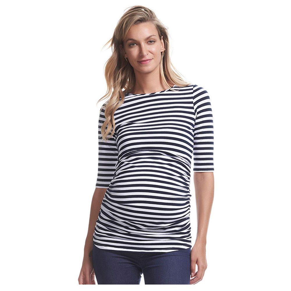 Mums & Bumps - Soon Honor 3/4 Sleeve Maternity & Nursing Top - Navy Stripe