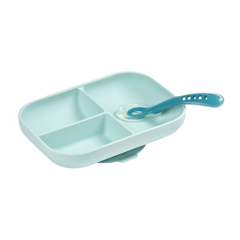 Beaba - Silicone Suction Divided Plate With Spoon - Blue