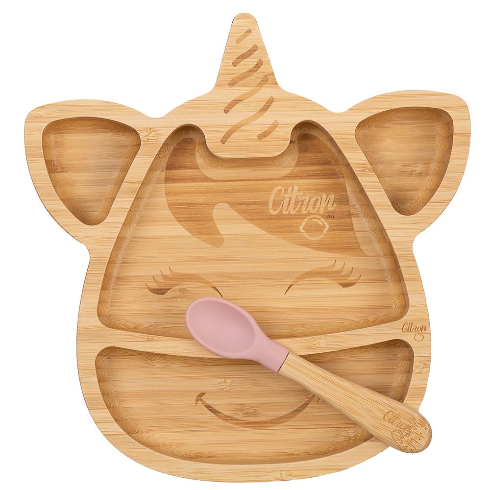 Citron - Organic Bamboo Plate Suction with Spoon - Unicorn Blush Pink