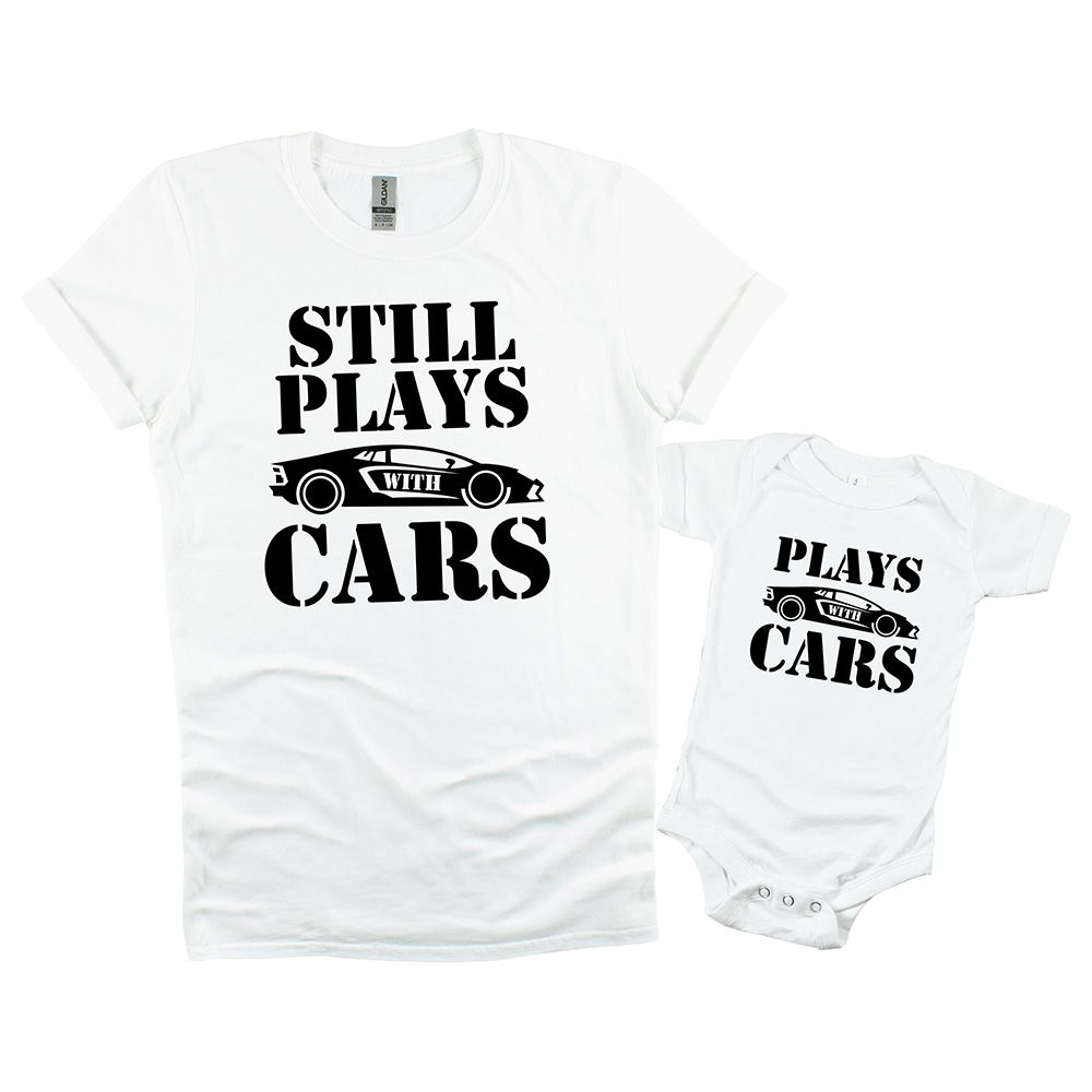 Matching Family Outfits - 2pc-Set - Dad & Baby Still Plays With Car - White_