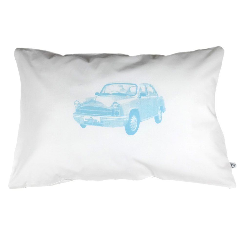 Me - Handprinted Organic Junior Cushion - Vintage Car Blue