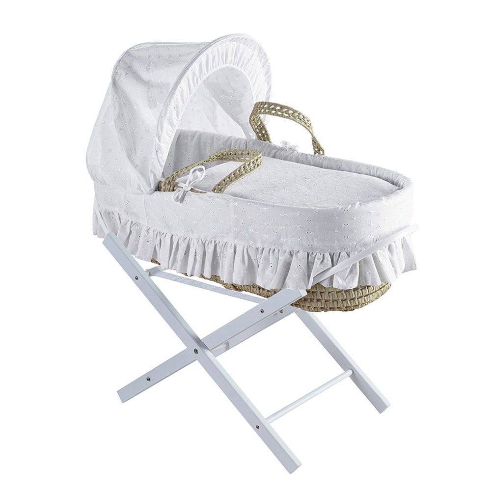 Kinder Valley - Broderie White Palm Moses Basket w/ Stand