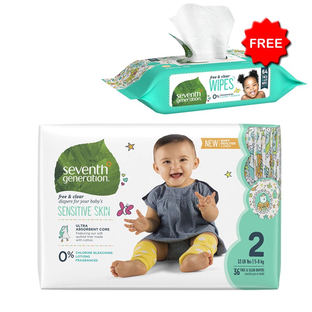 Seventh Generation - Baby Diaper Stage 2-5-8kg W/ Baby Wipes 64Pcs