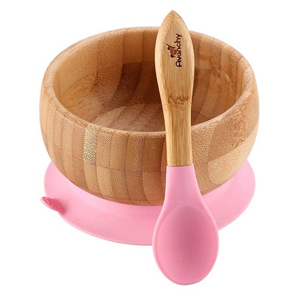 Avanchy - Baby Bamboo Stay Put Suction Bowl + Spoon - Pink