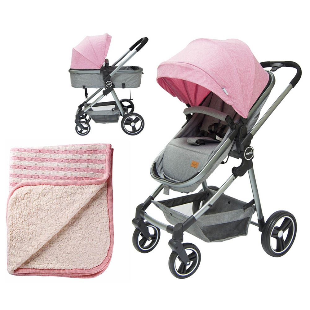 Moon - 2-in-1 Stroller - Pink + Cotton Baby Blanket - Pink