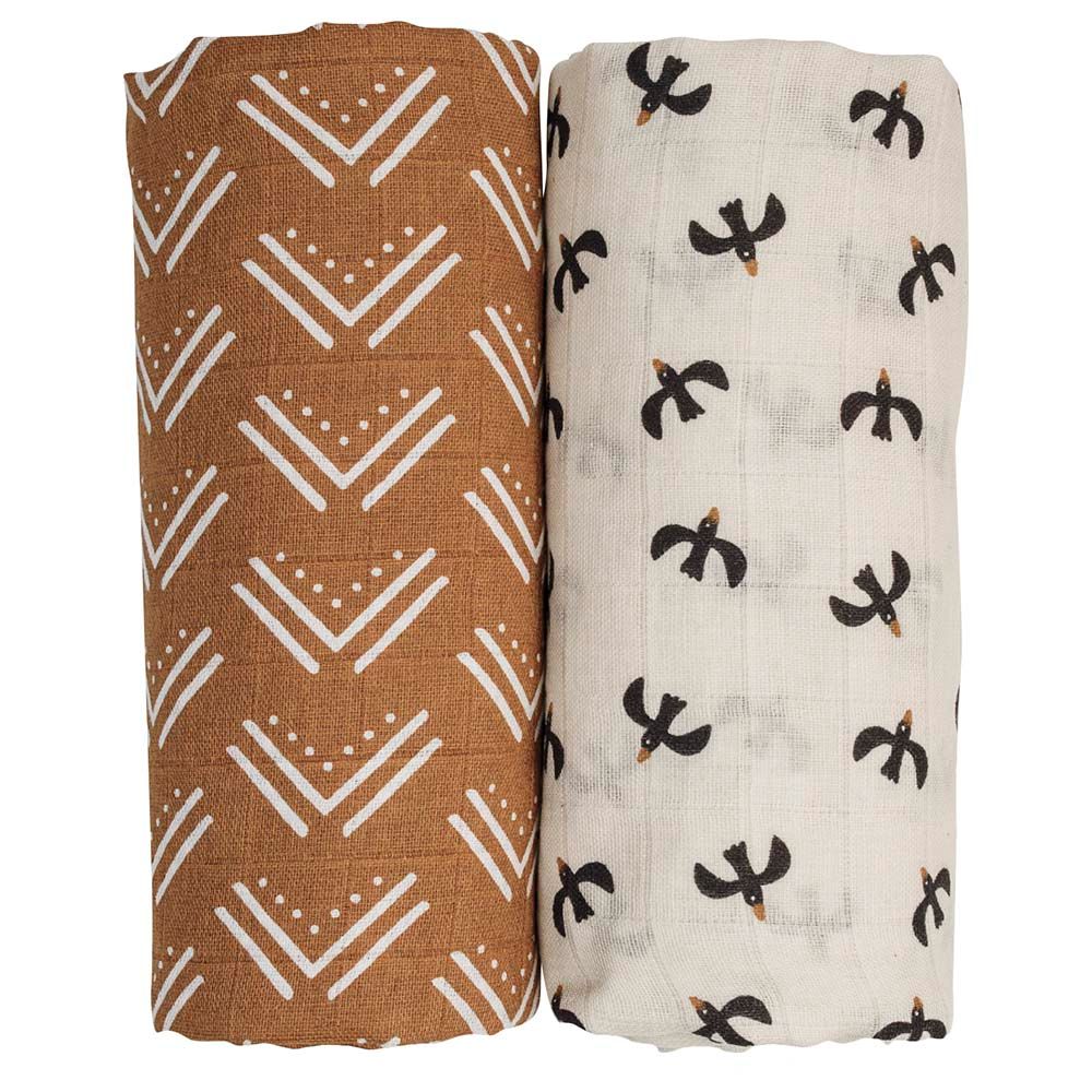 Lulujo - Pack of 2 Cotton Swaddles - Mud Cloth/Black Birds