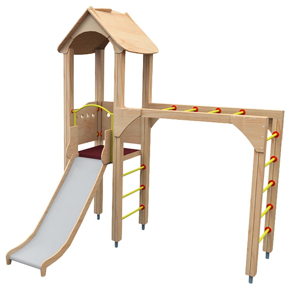 Moon Kids - Wooden Playhouse W/ Roof, Monkey Bars & Slide