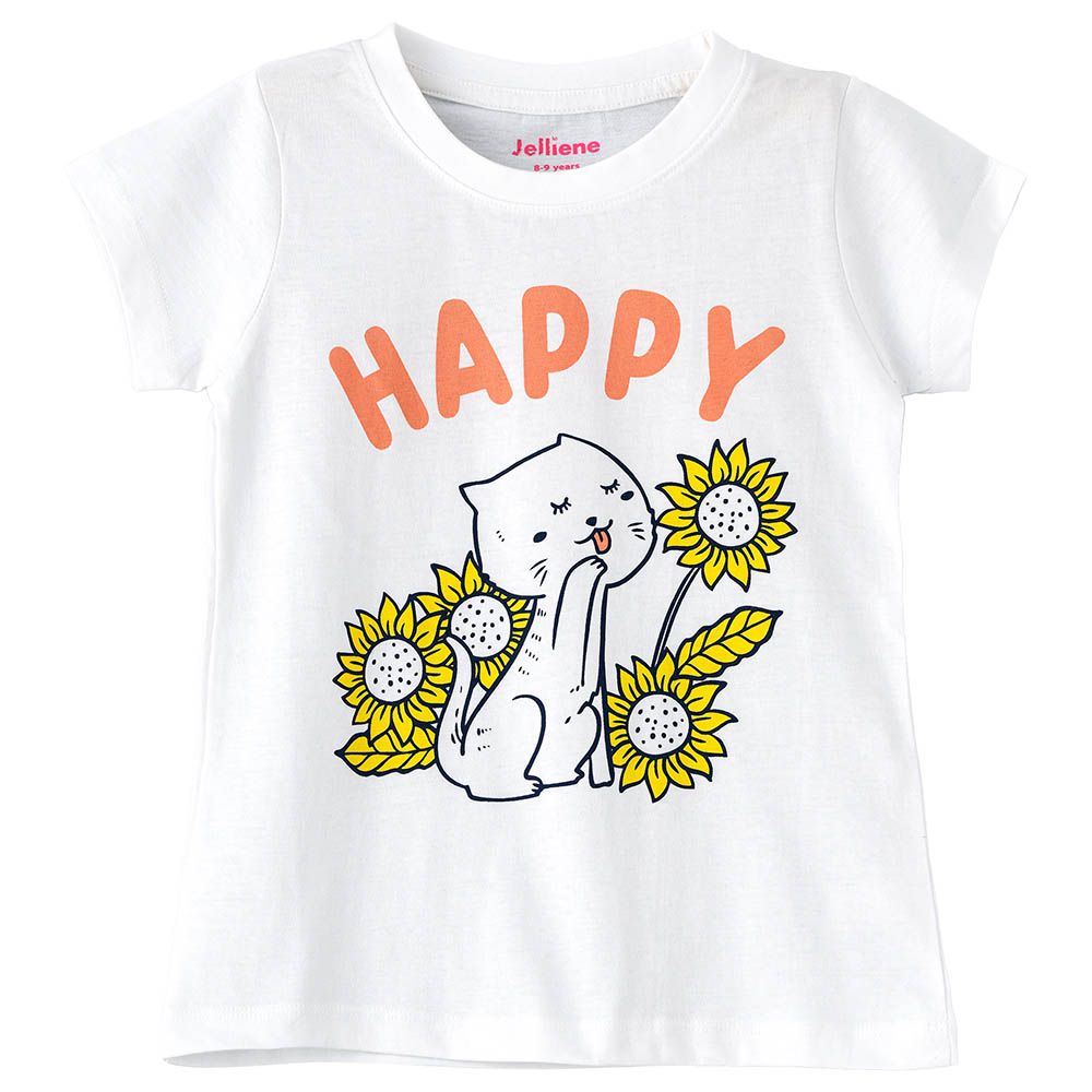 Jelliene - Girls Printed Basic Round Neck Graphic T-Shirt - White