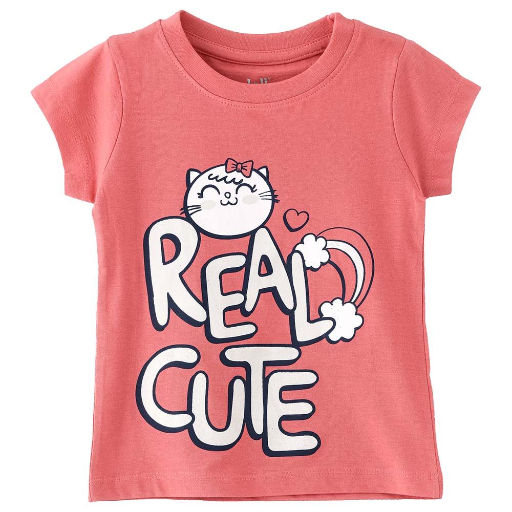 Jelliene - Girls Basic Round Neck Graphic T-Shirt - Coral Pink