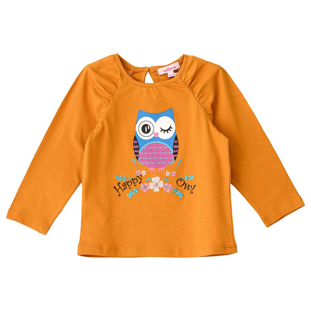 Jelliene - Happy Owl Round Neck Knit Top - Yellow