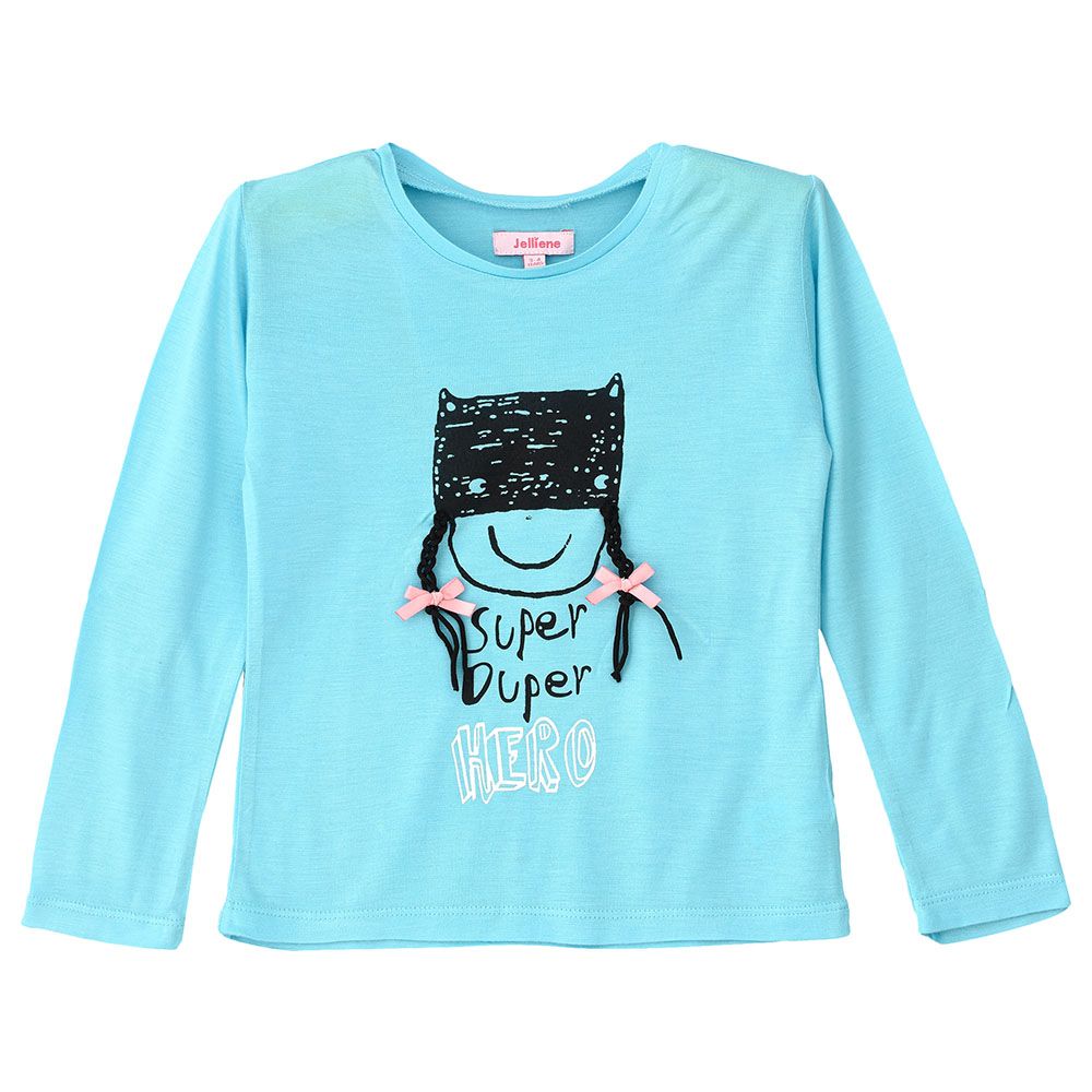 Jelliene - Knit Round Neck Printed T-Shirt - Aqua Blue