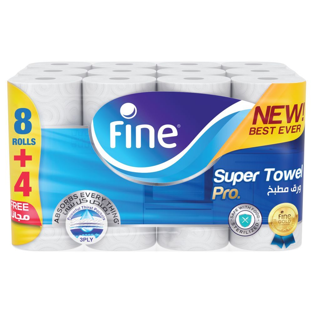 Fine - Kitchen Paper Towel - Highly Absorbent 3 Ply Tissue - 12 Rolls