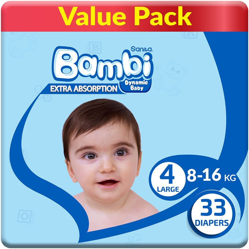 Sanita Bambi Baby Diapers Value,Large, 8-16KG,33Count