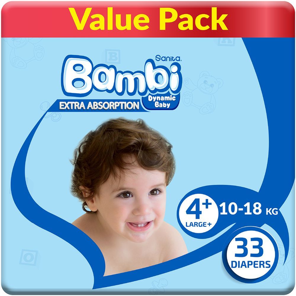 Sanita Bambi Baby Diapers Value,Large+,10-18KG,33Count