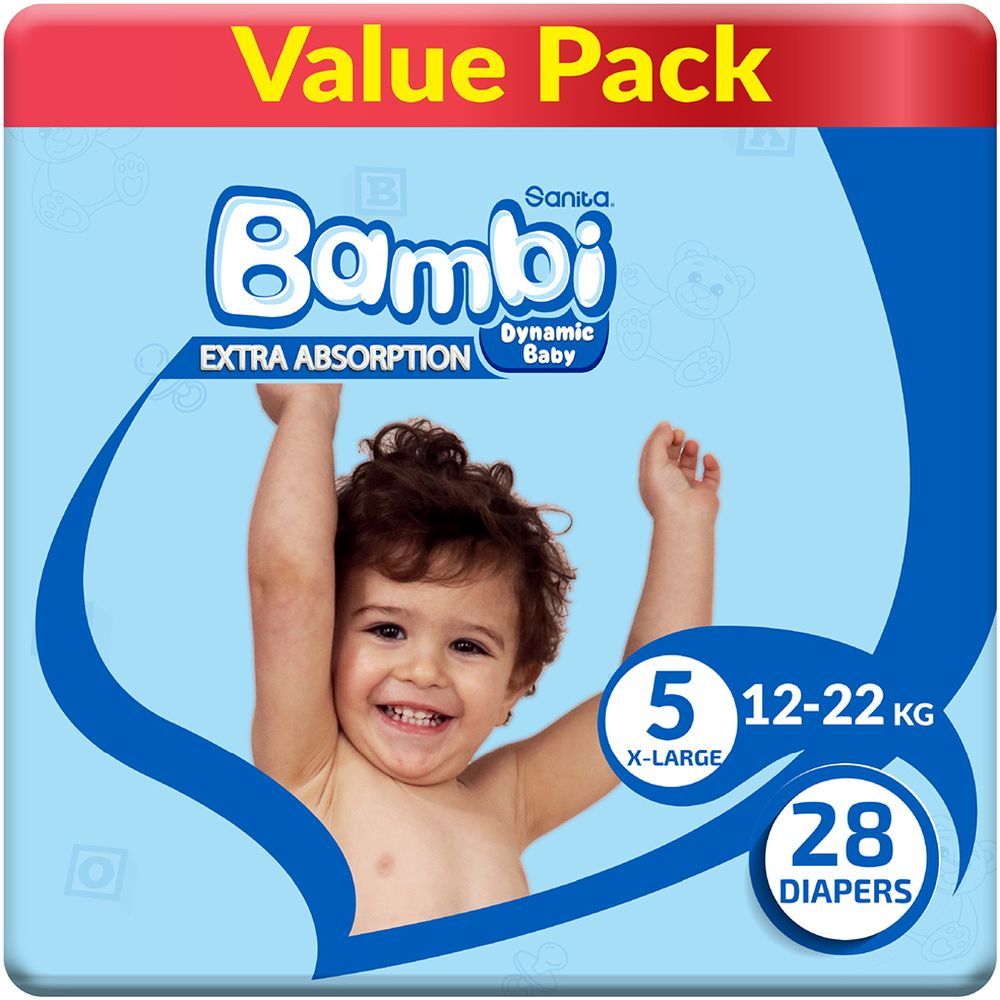 Sanita Bambi Baby Diapers Value,X-Large,12-22KG, 28Count