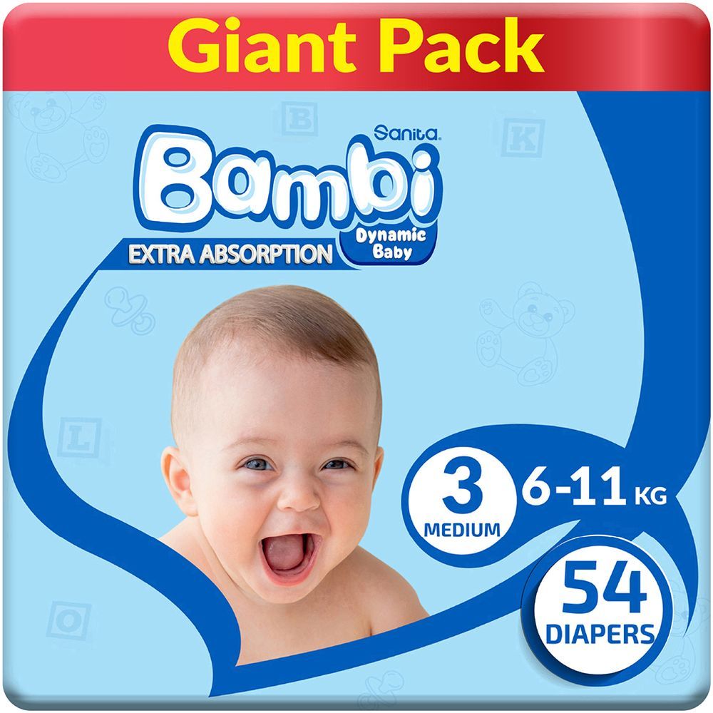 Sanita Bambi Baby Diapers Giant,Medium,6-11KG,54Count