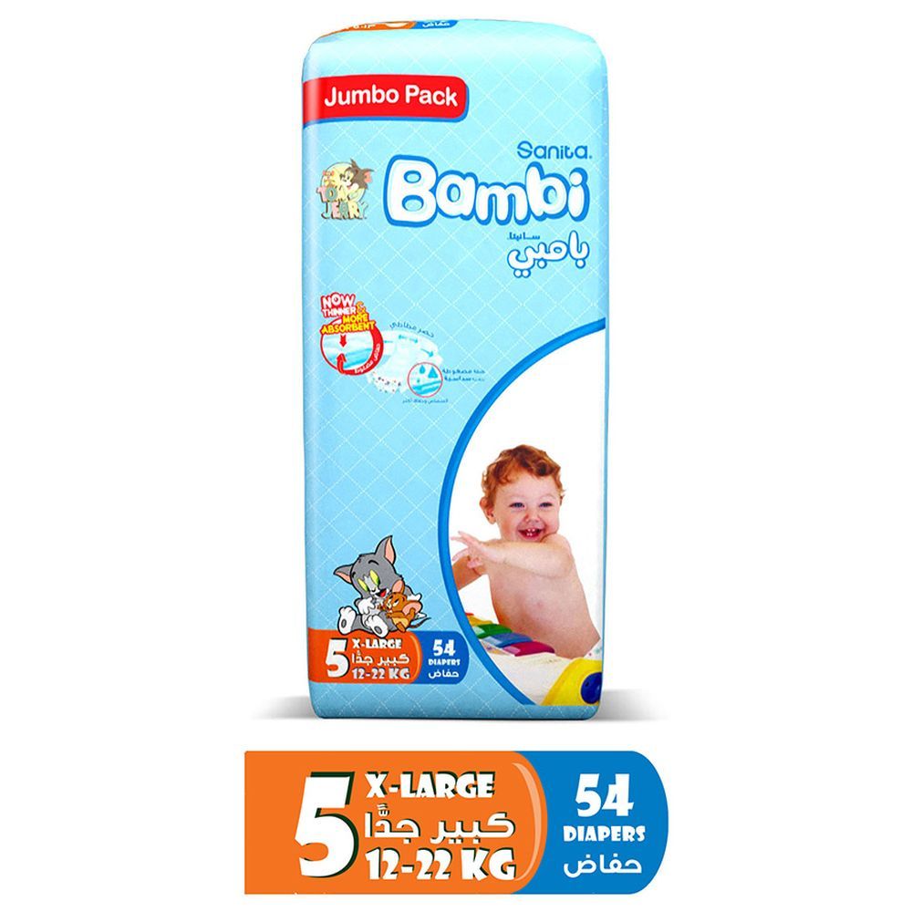 Sanita Bambi Baby Diapers Jumbo,X-Large,12-22KG,54Count