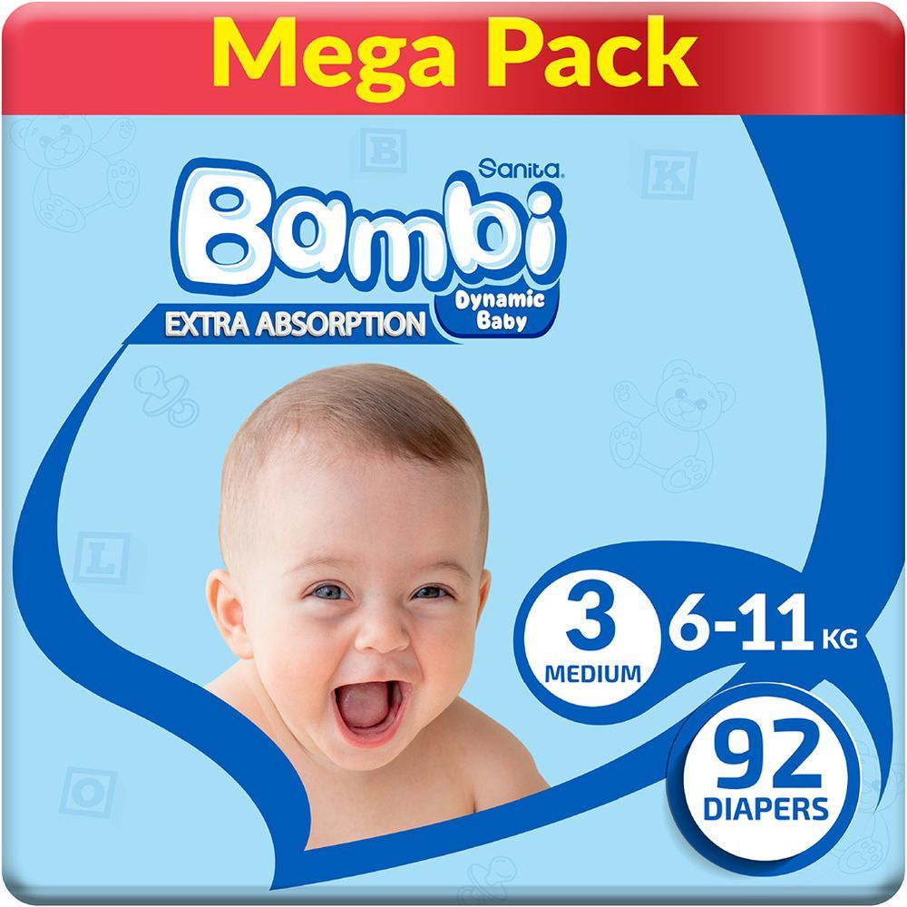 Sanita Bambi - Baby Diapers Mega - Size 3 Medium - 6-11KG - 92Count - Packaging May Vary