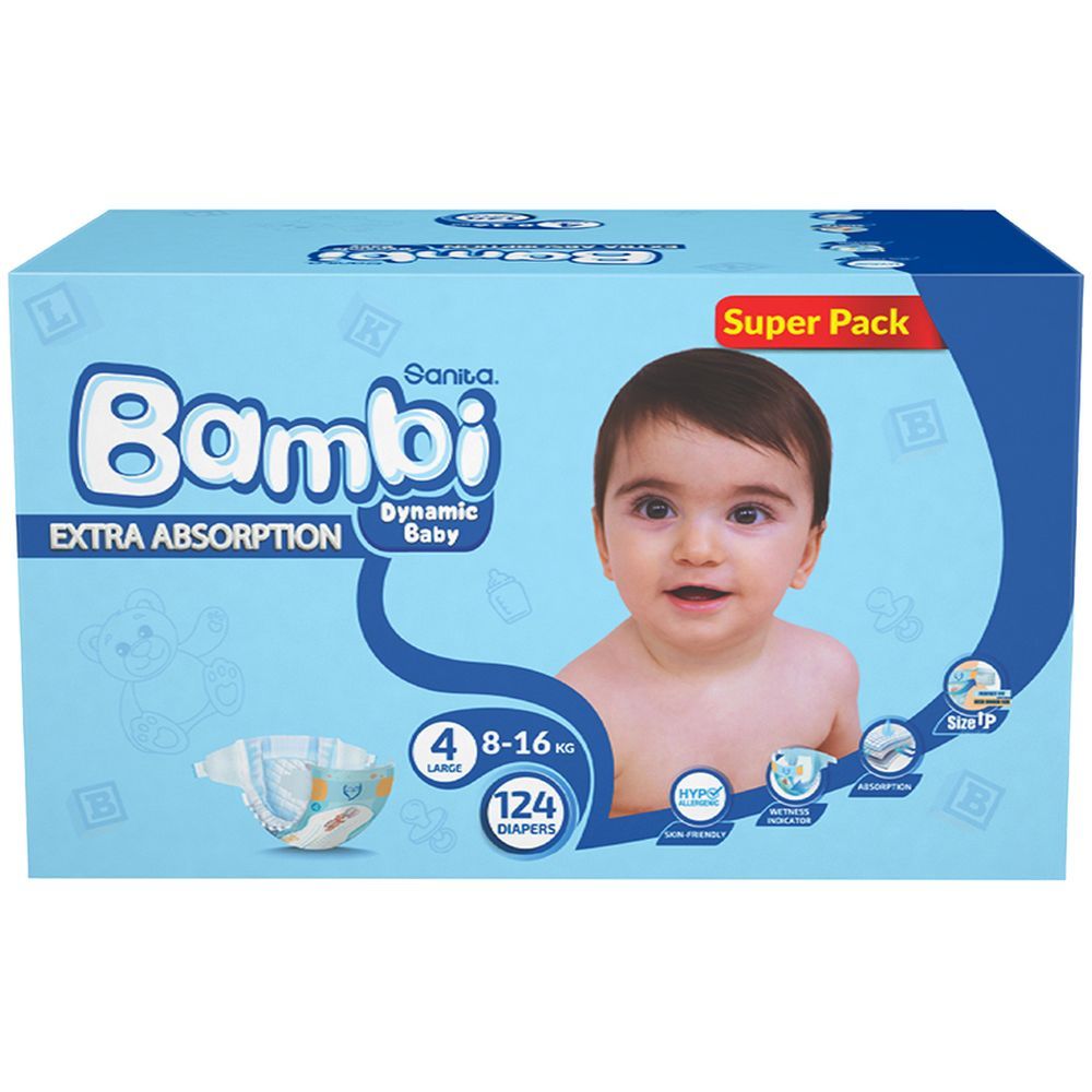 Sanita Bambi - Baby Diapers Super Pack Size 4 Large 8-16 KG 124 Count