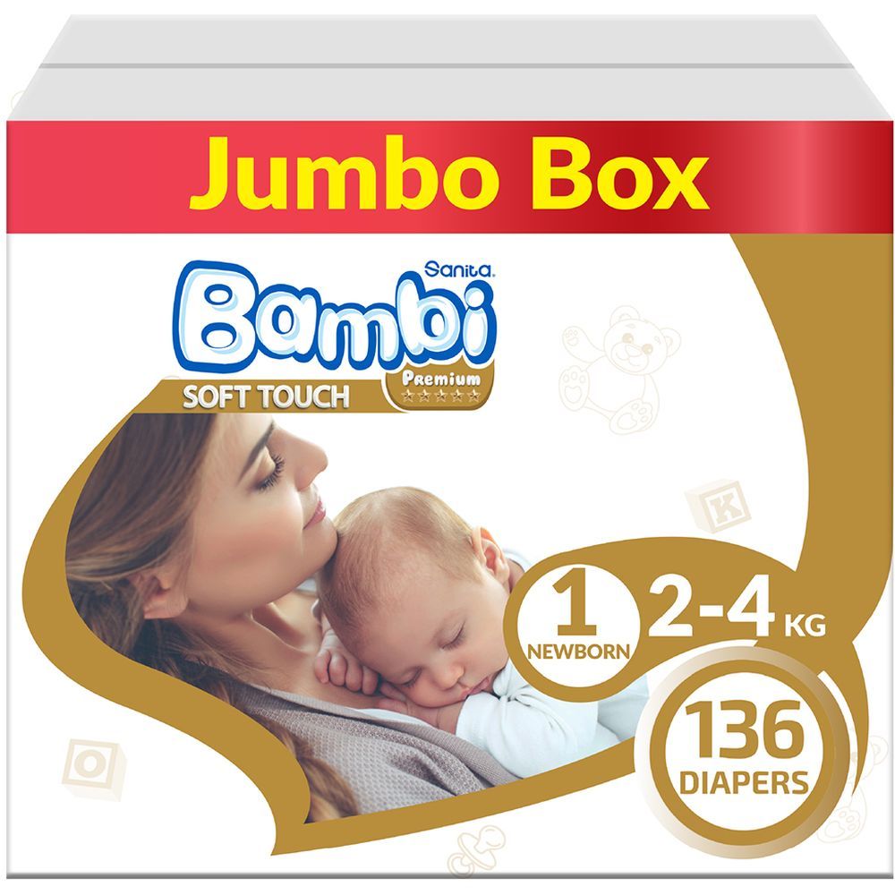 Sanita Bambi - Baby Diapers Jumbo Box - Size 1 - New Born - 2-4 Kg - 136 Pcs