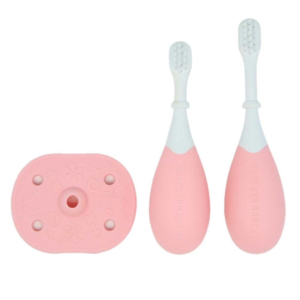 Marcus & Marcus Silicone Palm Grasp Toddler Training with Nylon Bristles Pink Toothbrush