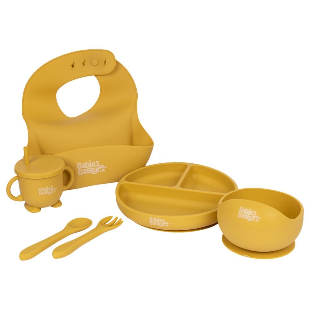 Babies Basic - Silicone Plate, Bowl, Cup,Spoon & Fork Set - 6pcs - Yellow