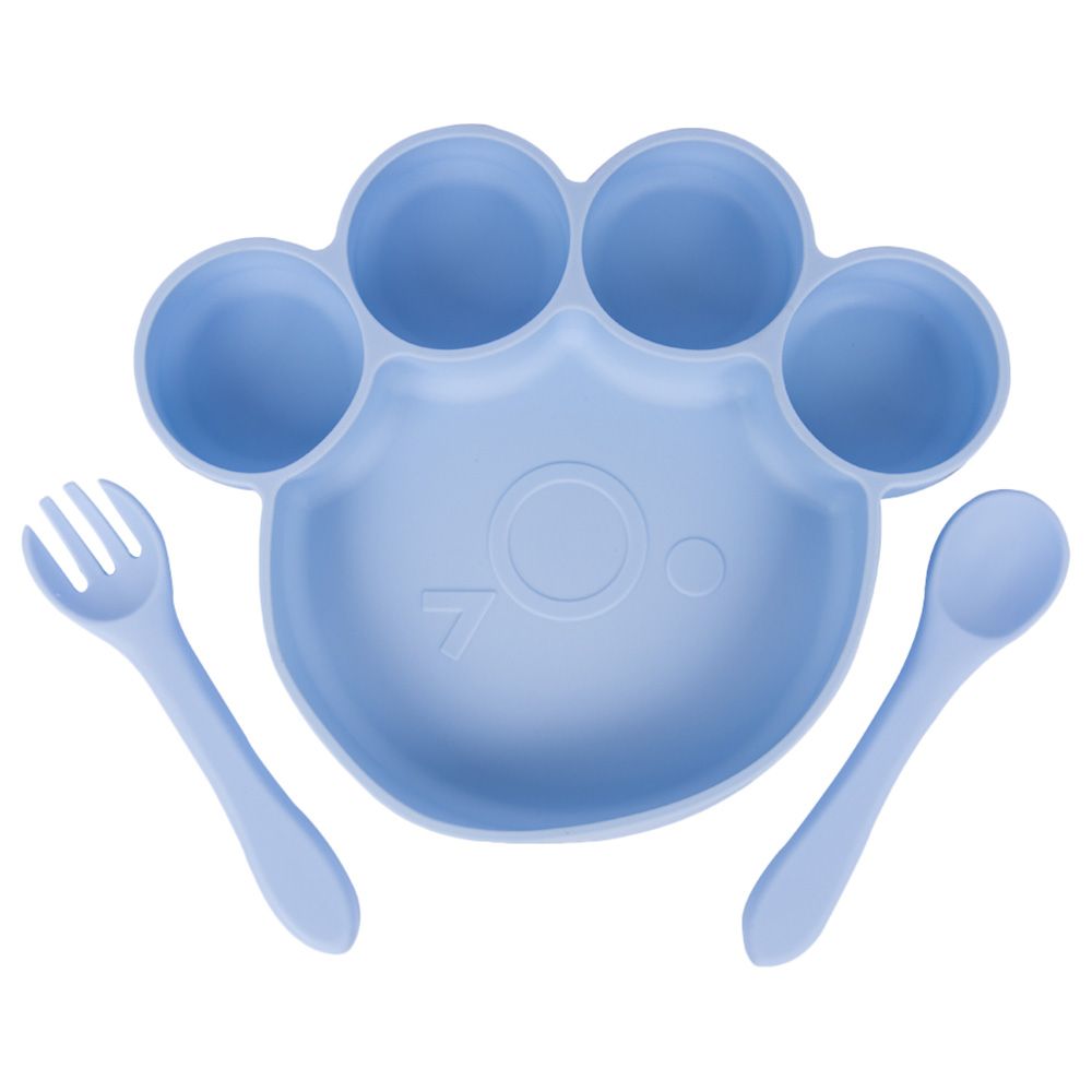 Babies Basic - Bear Shape Silicone Plate, Spoon & Fork Set - 3pcs - Light Blue