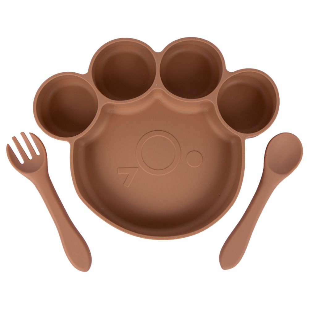 Babies Basic - Bear Shape Silicone Plate, Spoon & Fork Set - 3pcs - Brown