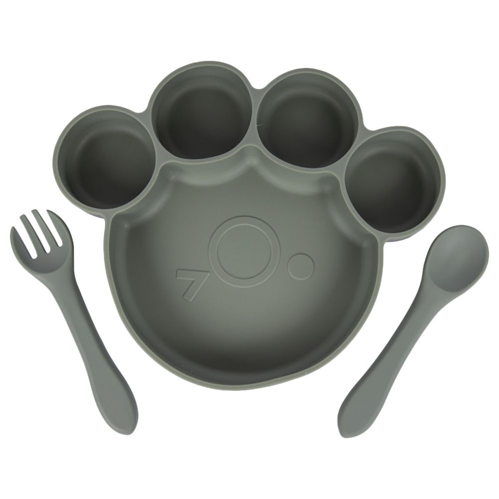 Babies Basic - Bear Shape Silicone Plate, Spoon & Fork Set - 3pcs - Green