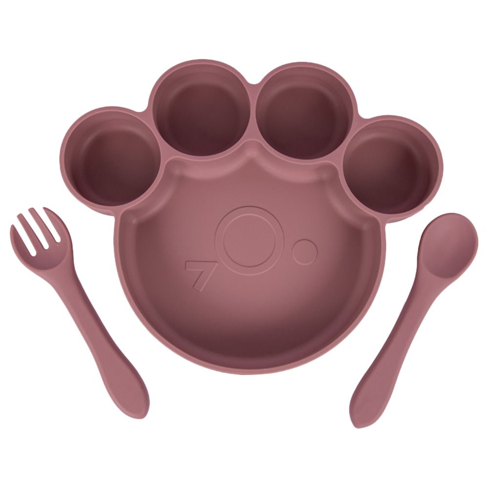 Babies Basic - Bear Shape Silicone Plate, Spoon & Fork Set - 3pcs - Pink