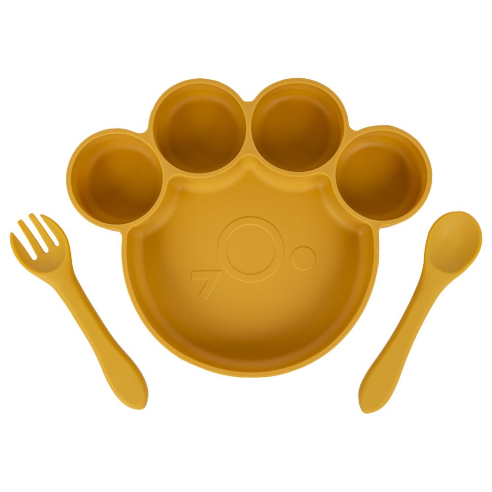 Babies Basic - Bear Shape Silicone Plate, Spoon & Fork Set - 3pcs - Yellow