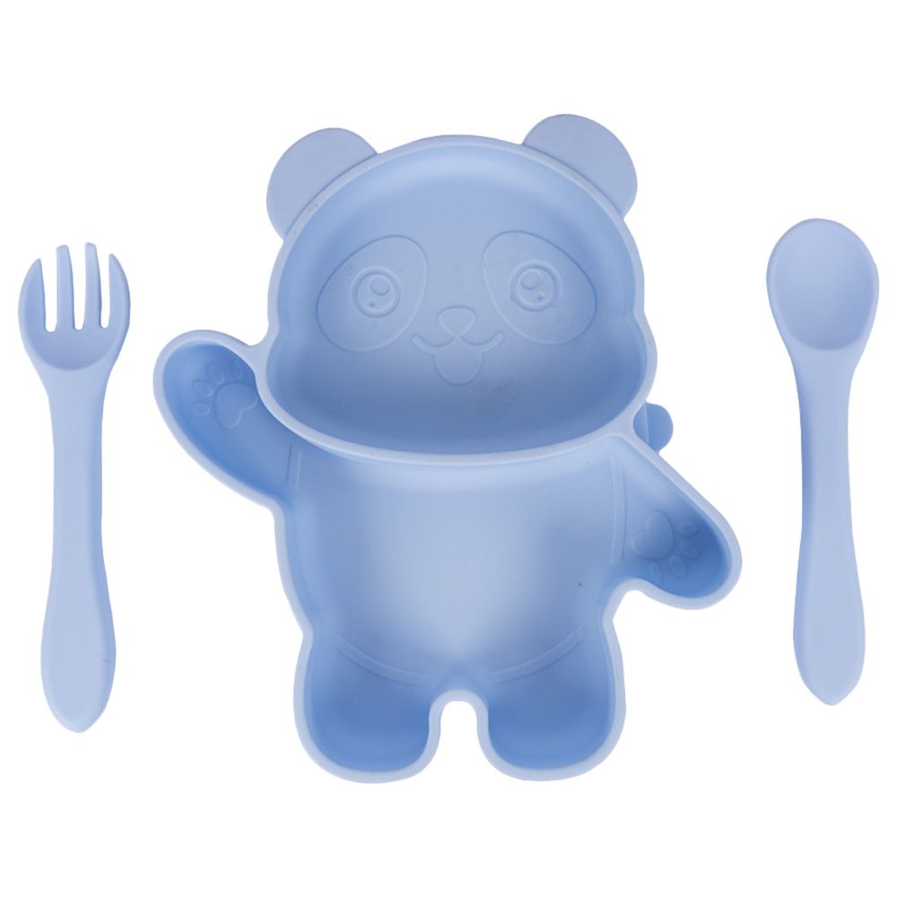 Babies Basic - Panda Shape Silicone Suction Plate With Spoon And Fork - 3pcs - Blue