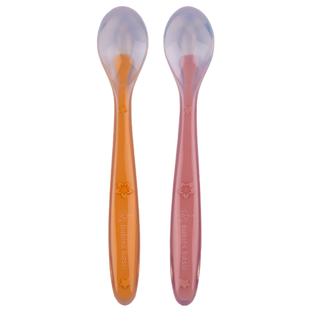 Babies Basic - Silicone Spoon Set w/ Travel Case - L - Set Of 2 - Pink/Orange