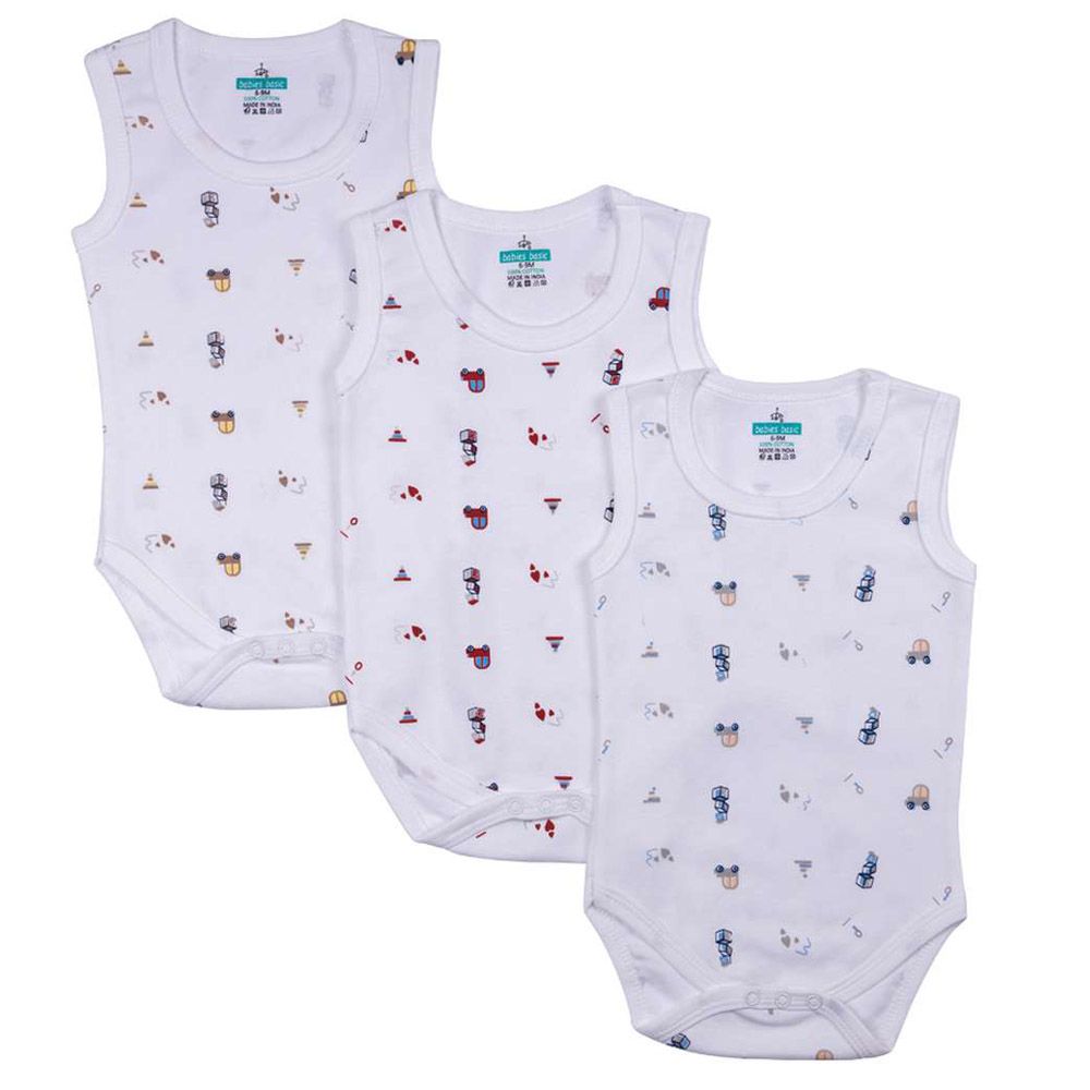 Babies Basic - 3pc-Set - Sleeveless Printed Bodysuit - White