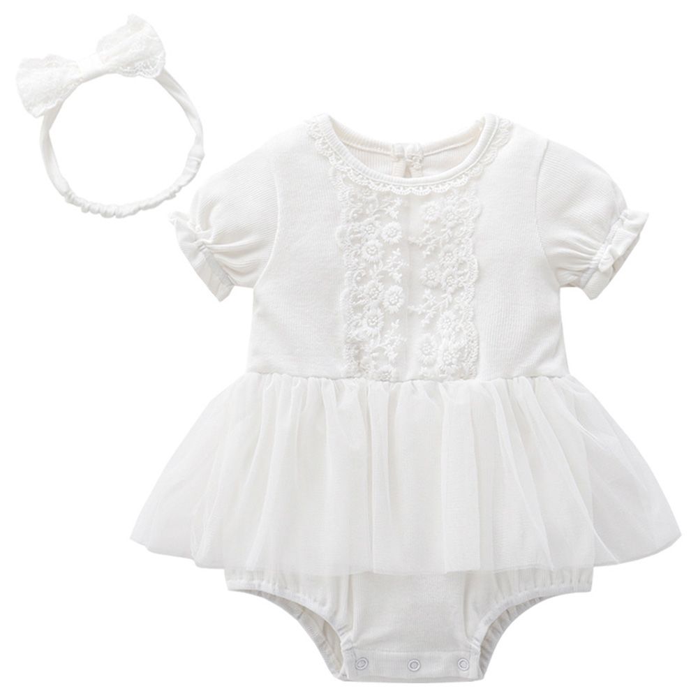 Sugar Rush - Girls Laced Round Neck Bodysuit - White