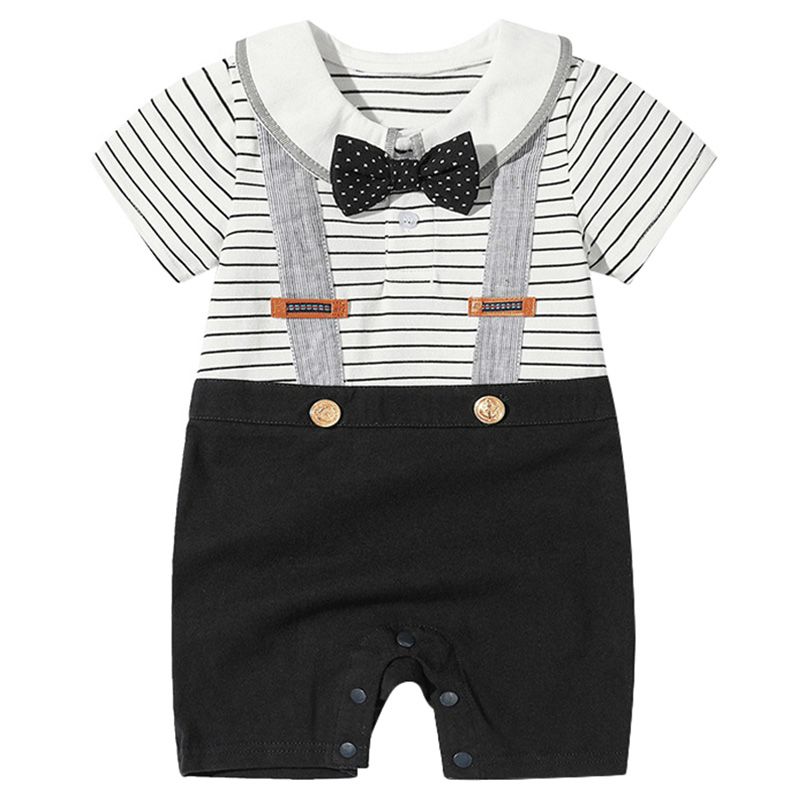 Sugar Rush - Striped Round Neck Short Sleeves Romper - Grey