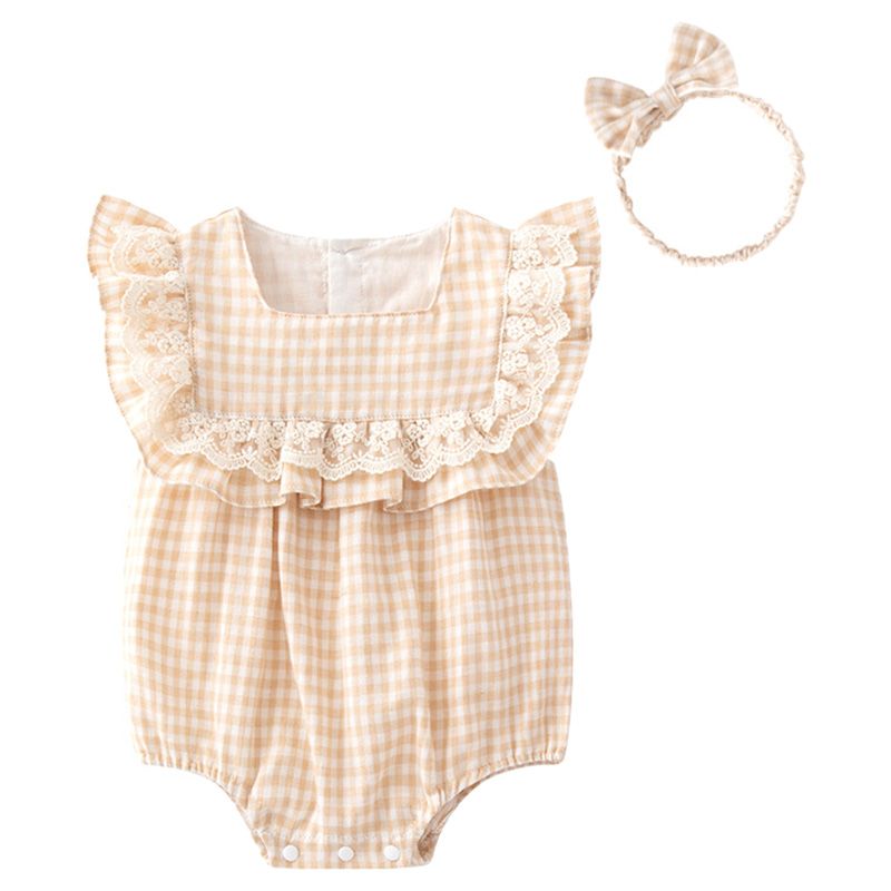 Sugar Rush - Checked Regular Square-Neck Cap Sleeves Romper